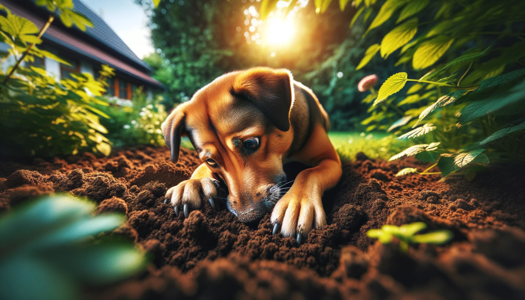 Un chien grattant le sol, illustrant le comportement et l'instinct naturels canins dans un jardin luxuriant.