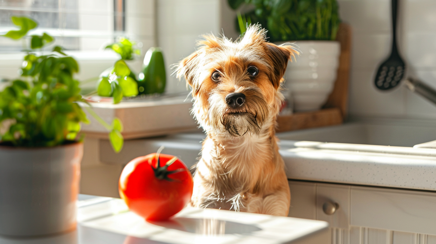 Un chien devant une tomate posée sur une table dans une cuisine