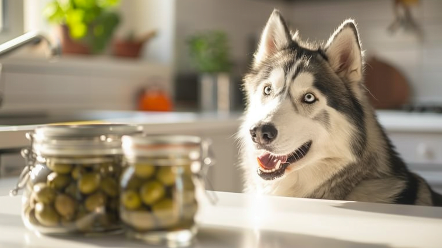 Un chien husky qui mange des olives vertes