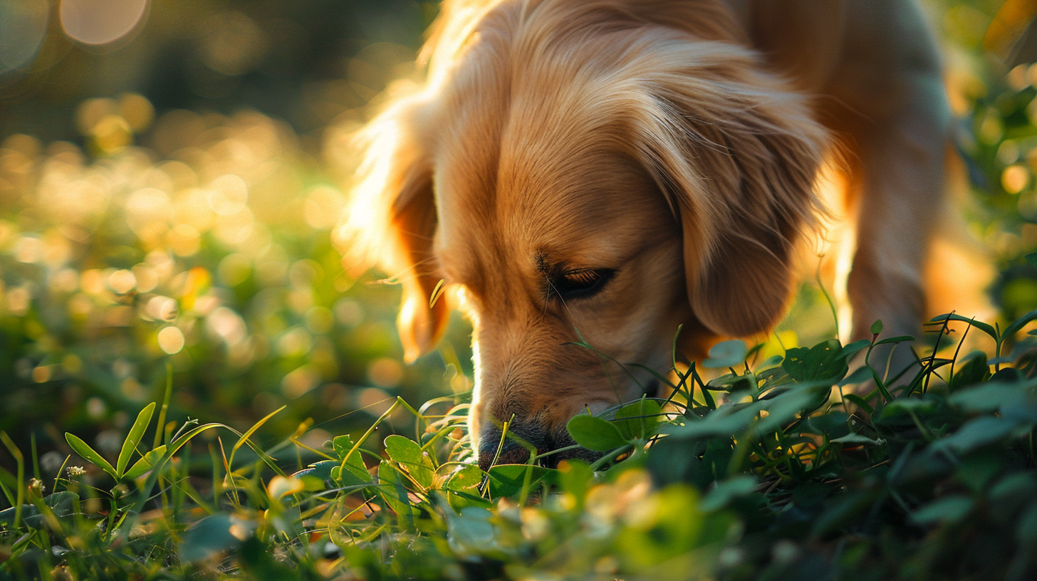 a dog eating grass