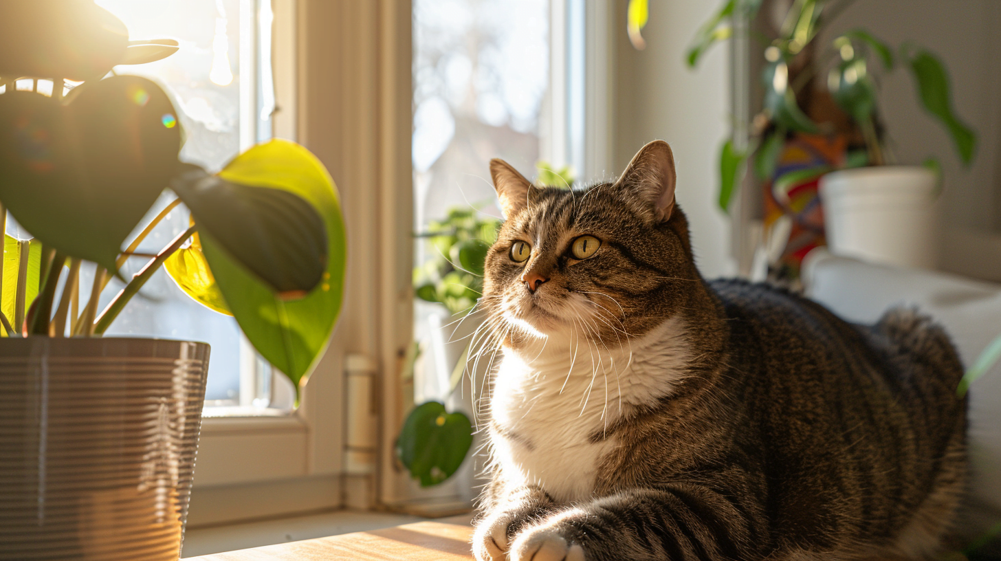 overweight cat resting in a sunny appartment
