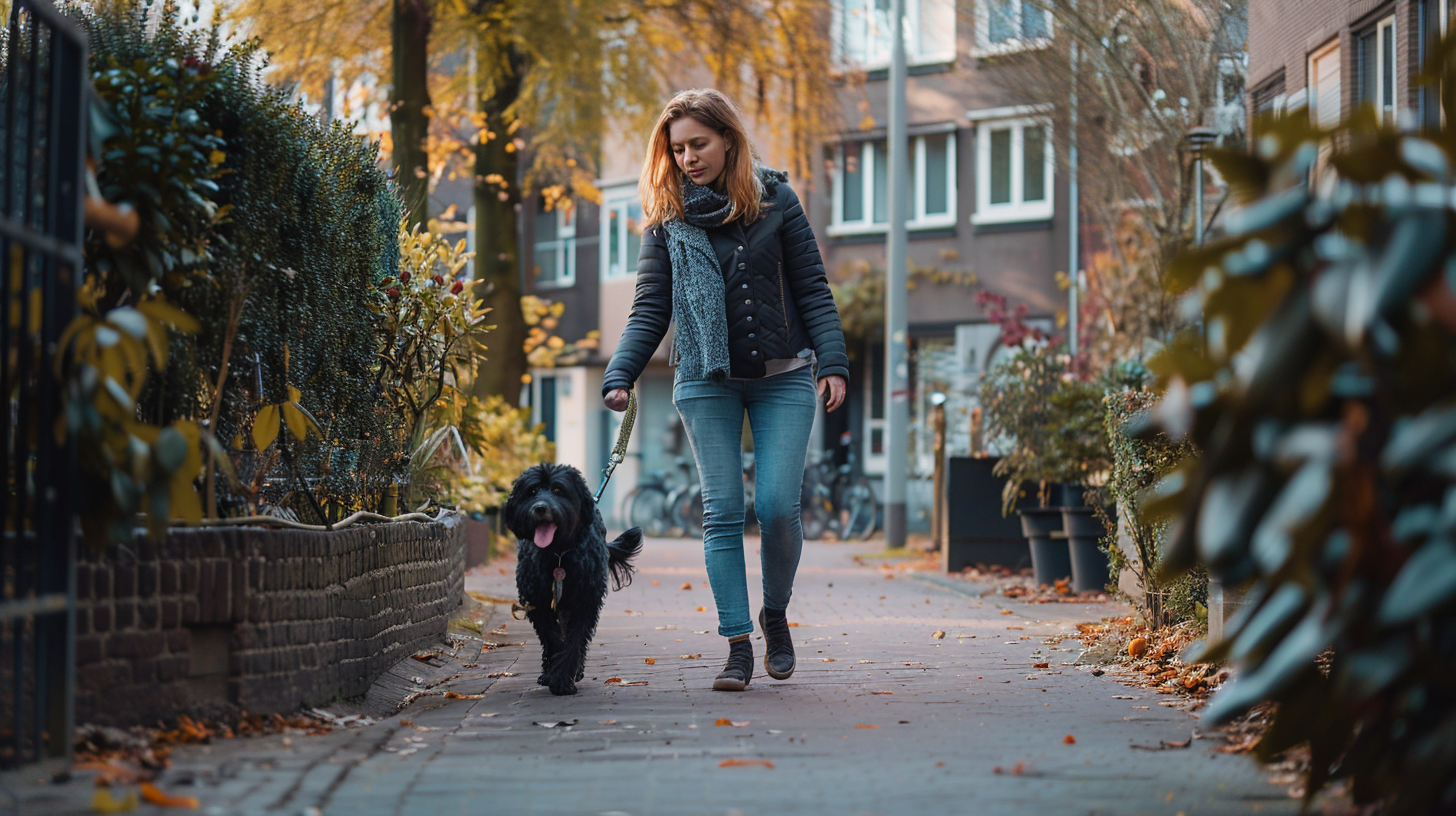 woman taking a walk with a dog on a leash